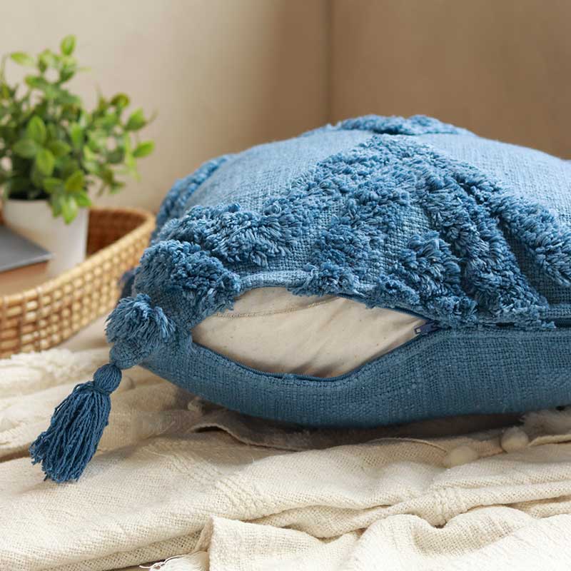Blue Cotton Tufted Cushion Cover 16 Inches