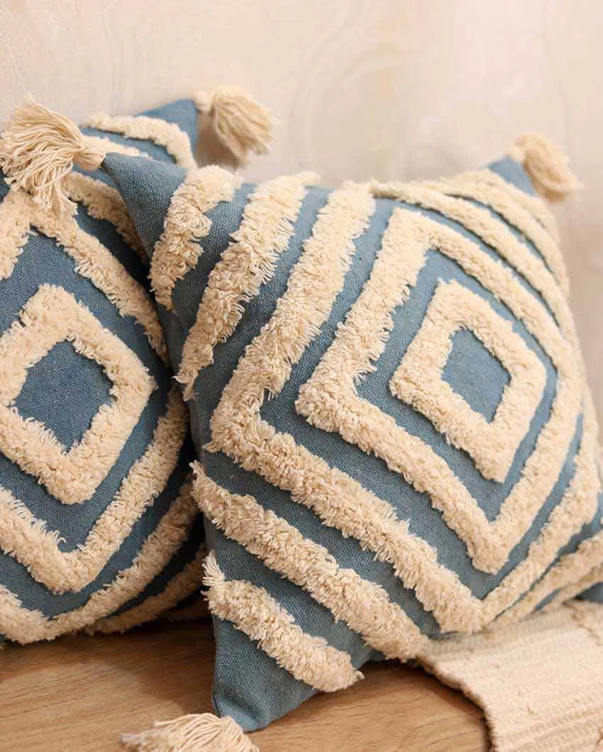 Blue Tufted Concentric Cotton Cushion Cover