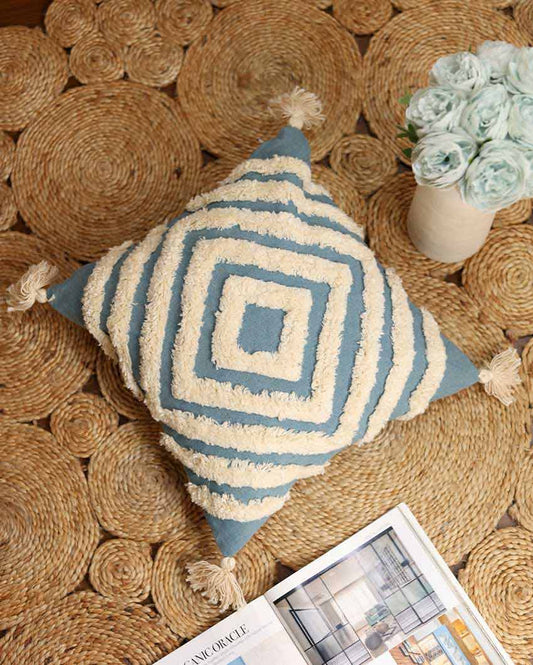 Blue Tufted Concentric Cotton Cushion Cover | 16 x 16 inches , 20 x 20 inches , 24 x 24 inches