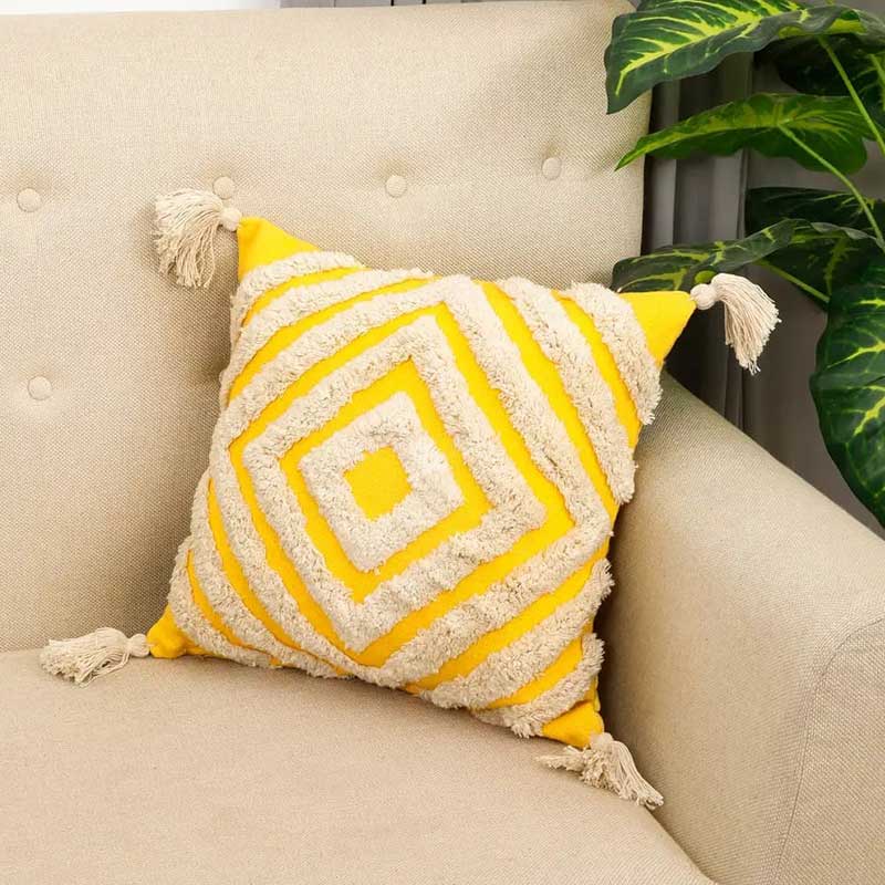 Tufted Concentric Diamond Cushion Cover | 16 x 16 Inches Yellow