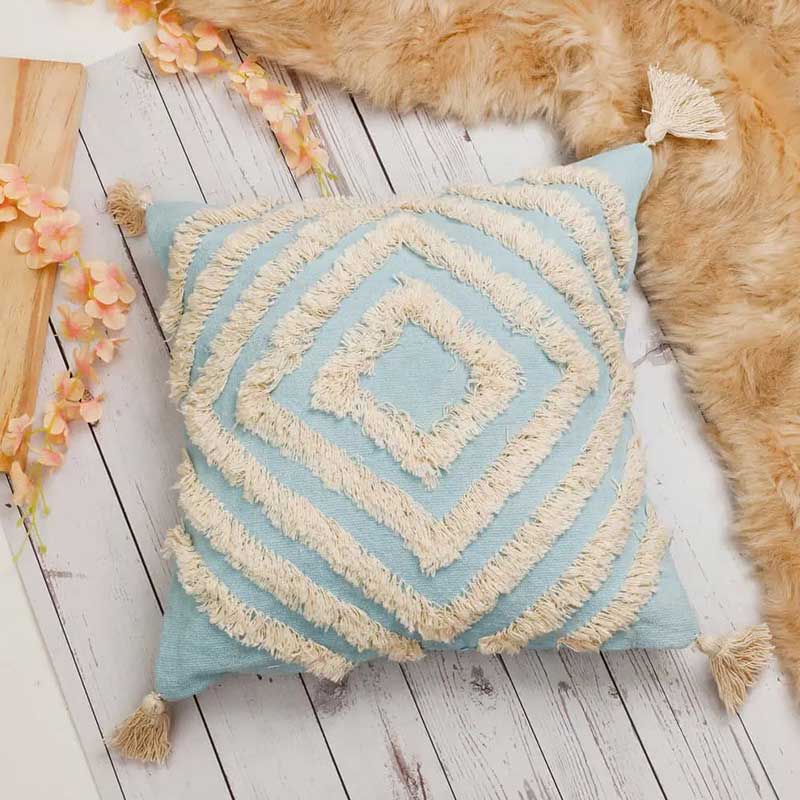 Tufted Concentric Diamond Cushion Cover | 16 x 16 Inches Light Blue