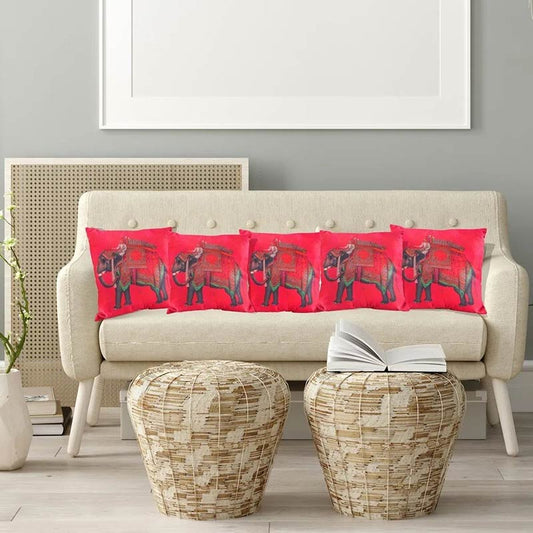 Jute Elephant Printed Cushion Cover| 16X16 Inches | Set Of 5 Default Title
