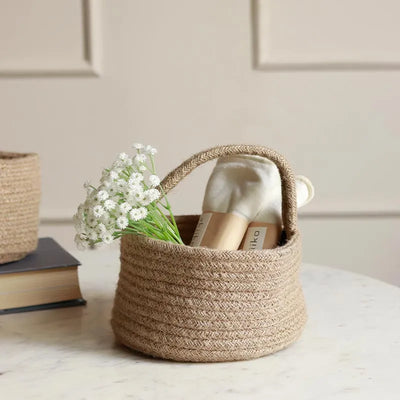 Handcrafted Jute Rope Storage Basket with Handle | 7 x 4 inches