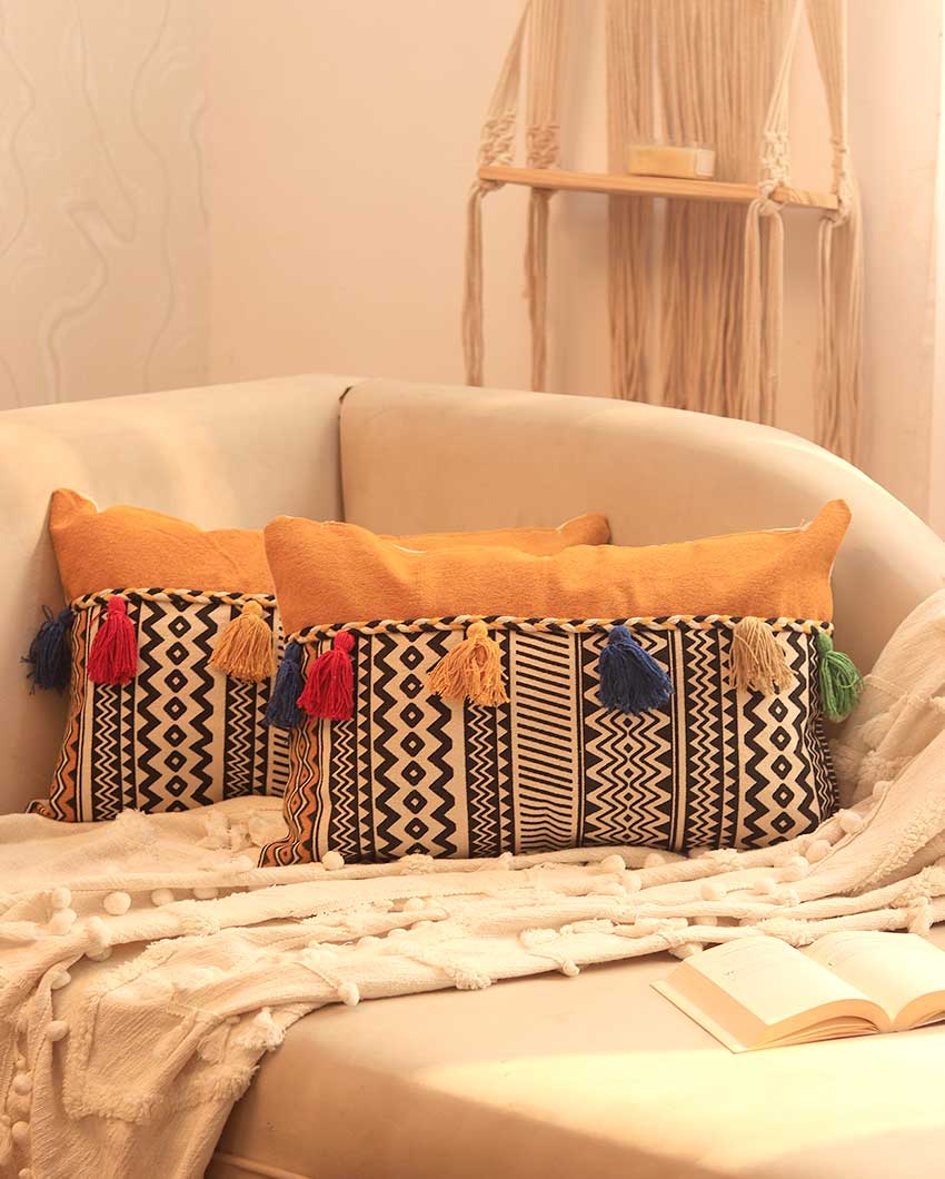 Colorful Tassles Cotton Cushion Cover | Single , Set of 2 | 24 x 16 inches