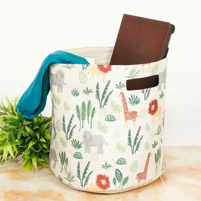 Animal Leaf Printed Polyester Cotton Side Handle Basket | 8 Inches, 11 Inches 8 Inches