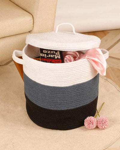 Tri Color Cotton Storage Basket With Lid