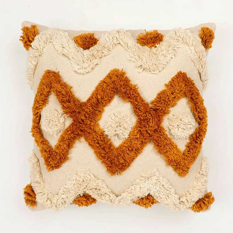 Diamond Wave Chain Tufted Cushion Cover | 16 x 16 Inches Mustard Yellow & White