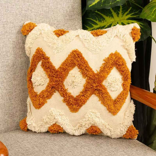 Diamond Wave Chain Tufted Cushion Cover | 16 x 16 Inches Mustard Yellow & White