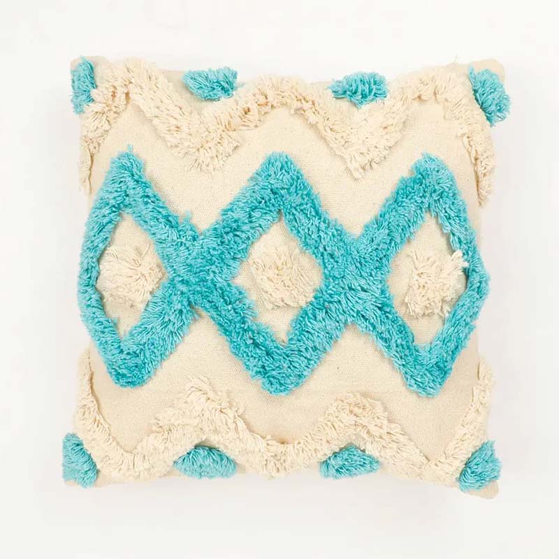 Diamond Wave Chain Tufted Cushion Cover | 16 x 16 Inches Blue & White