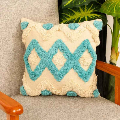 Diamond Wave Chain Tufted Cushion Cover | 16 x 16 Inches Blue & White