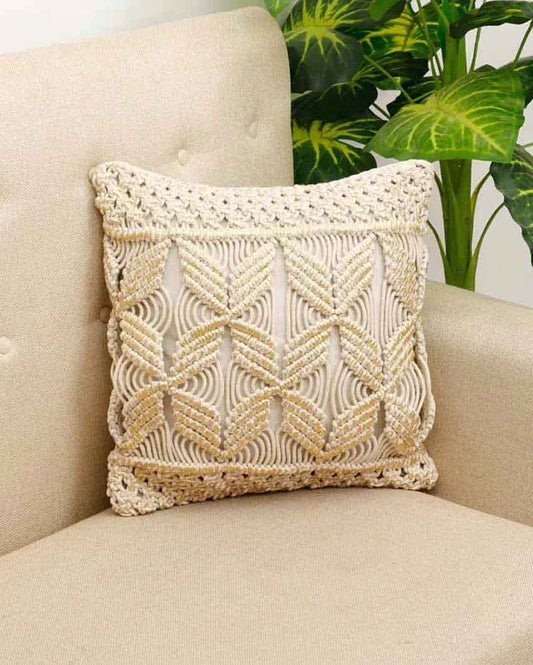 Floral Center Macrame Cotton Cushion Cover | 16 x 16 Inches