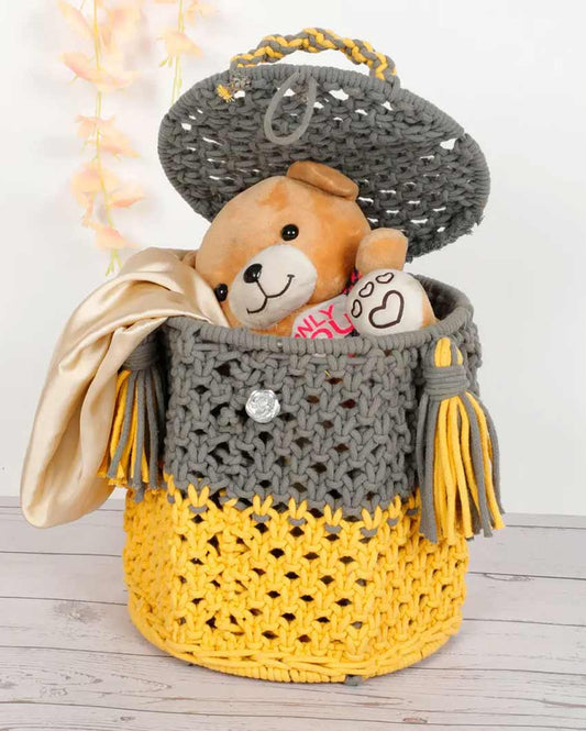 Yellow & Grey Cotton Macrame Frame Basket With Lid