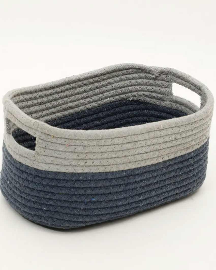 Blue & Grey Rectangle Plain Cotton Basket  With Side Handles