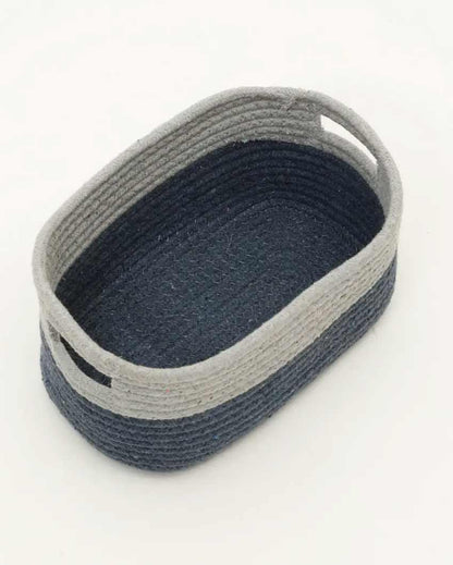 Blue & Grey Rectangle Plain Cotton Basket  With Side Handles