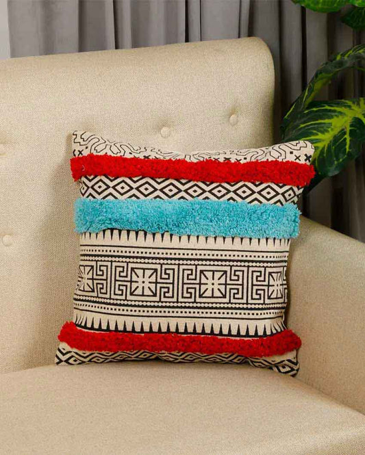 Genny Printed Tufted Triple Bars Canvas Cushion Cover | 16 x 16 inches , 20 x 20 inches