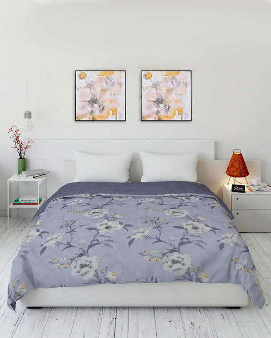 Blue & White Floral Print Design Cotton Polyfill Comforter | Double Fitted