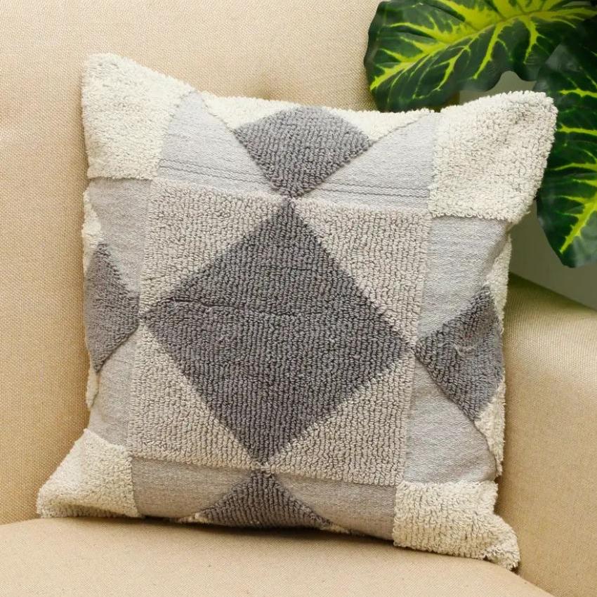 Squares Diamond Knitted Tufted Cotton Cushion Cover | 18 X 18 Inches