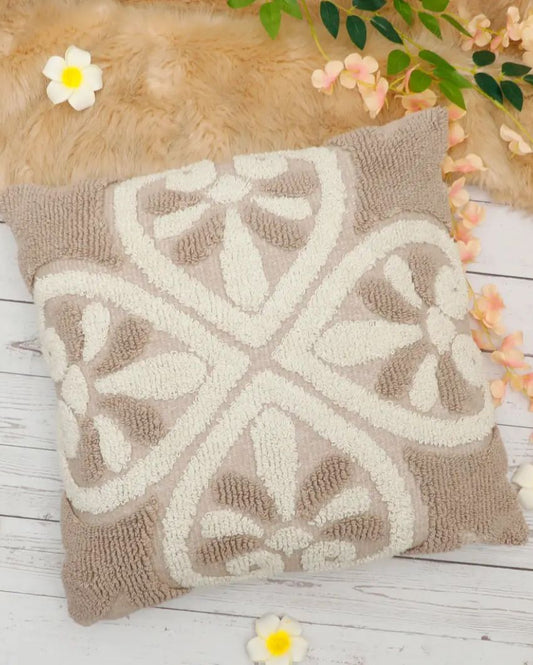 Floral & Leaf Knitted Tufted Cotton Cushion Cover | 18 X 18 Inches