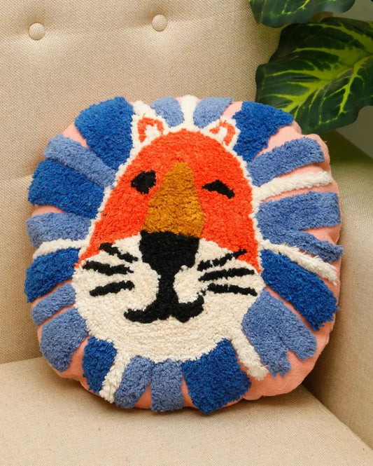 Lion Face Tufted Round Cushion Cover | 16 X 16 Inches