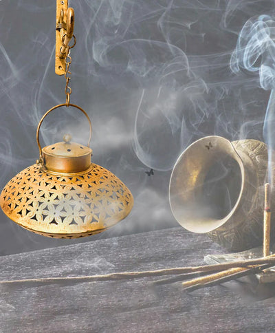 Elegant Golden Finish Metal Hanging Dhoop Incense Holder | 9 x 17 inches