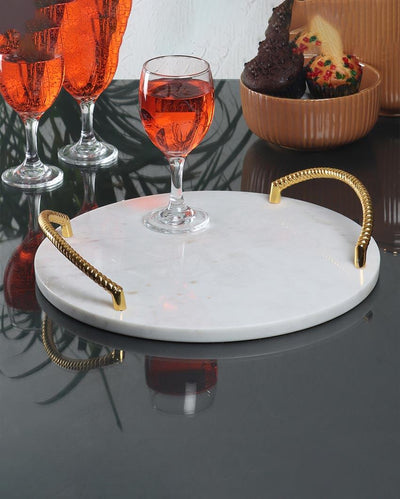 Marble Tray Round With Gold Finish Metal Handle | 12 x 3 inches