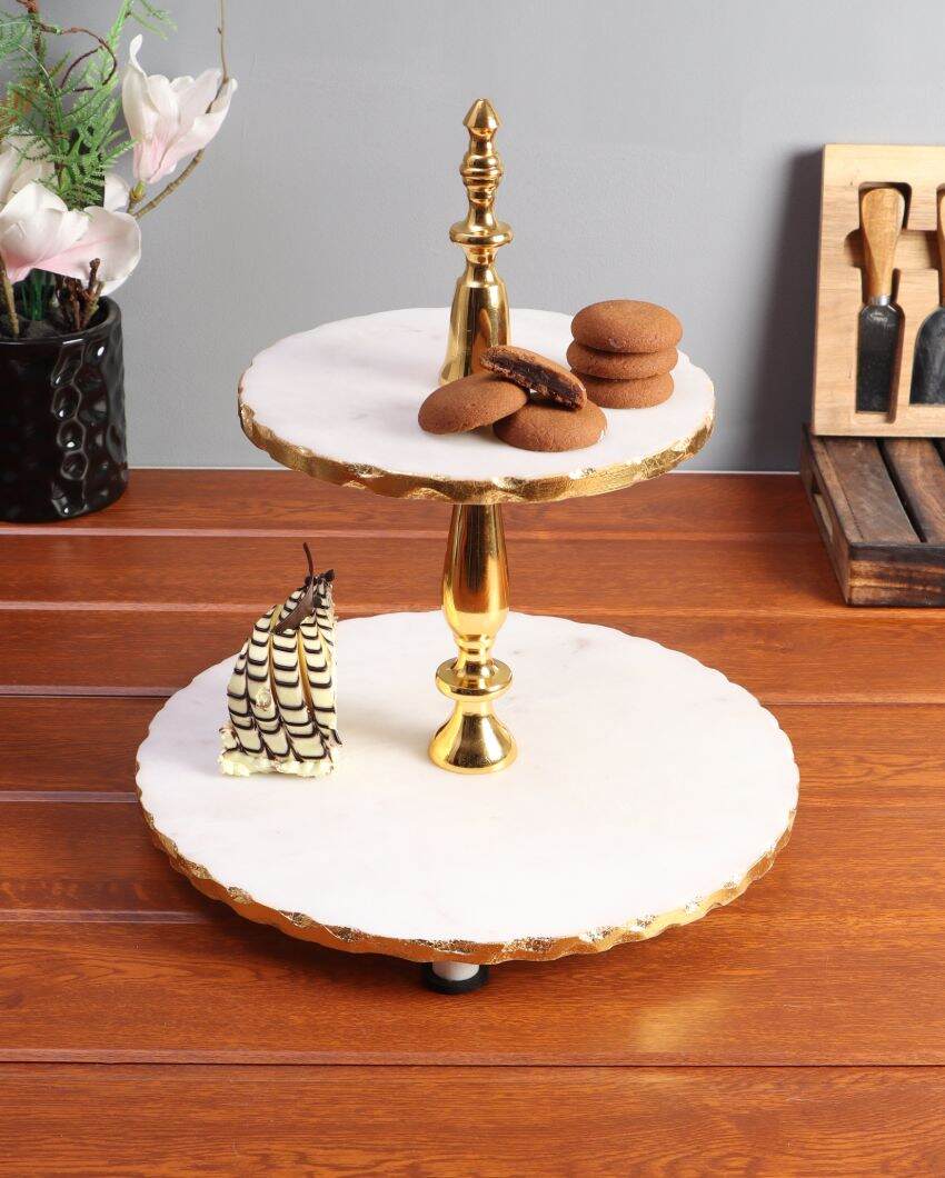 Marble Two-Tier Cake Stand With Gold Metal Stand | 11 x 13 inches