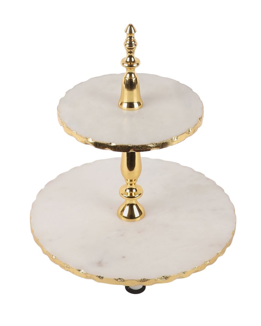 Marble Two-Tier Cake Stand With Gold Metal Stand | 11 x 13 inches