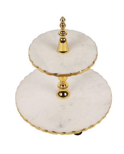 Marble Two-Tier Cake Stand With Gold Metal Stand | 11 x 13 inches