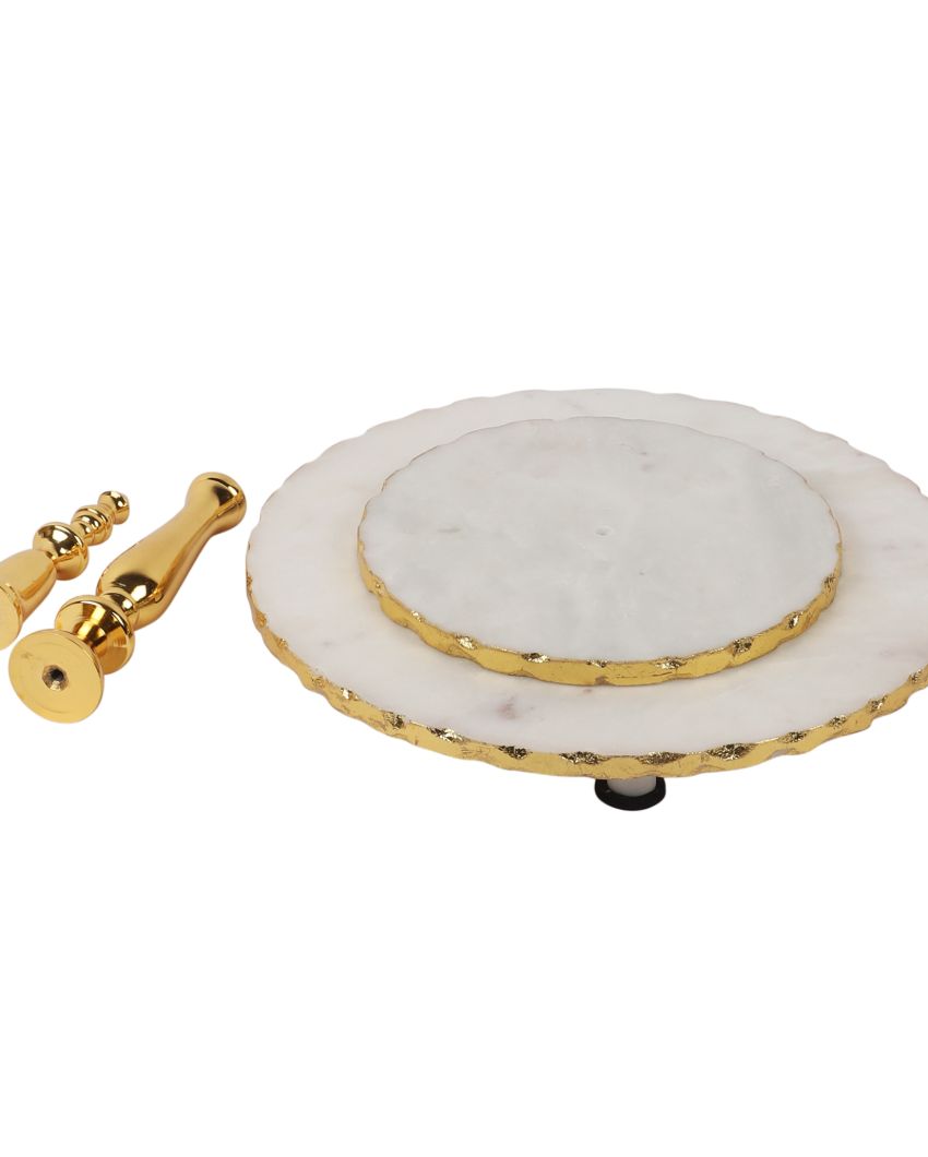 Marble Two-Tier Cake Stand With Gold Metal Stand | 11 x 13 inches