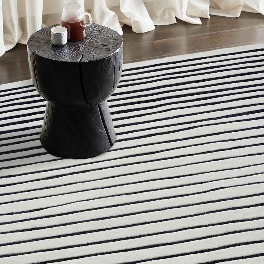 Sleek Black & White Oblique Wool Floor Covering Rug