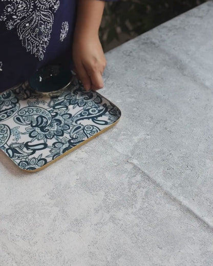 Sophisticated Blue Paisley Metal Square Platter with Dip Bowl Set