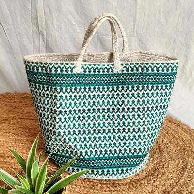 Elegant Green Cotton Printed Basket Bag