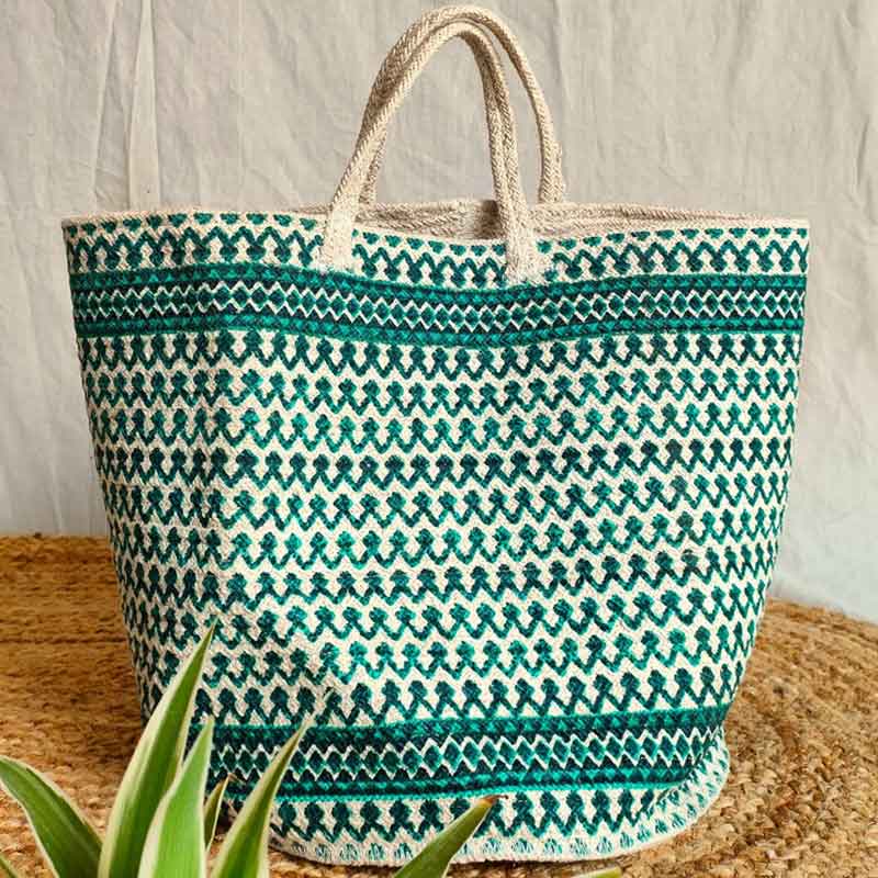 Elegant Green Cotton Printed Basket Bag