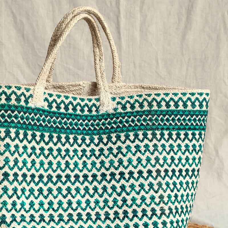 Elegant Green Cotton Printed Basket Bag