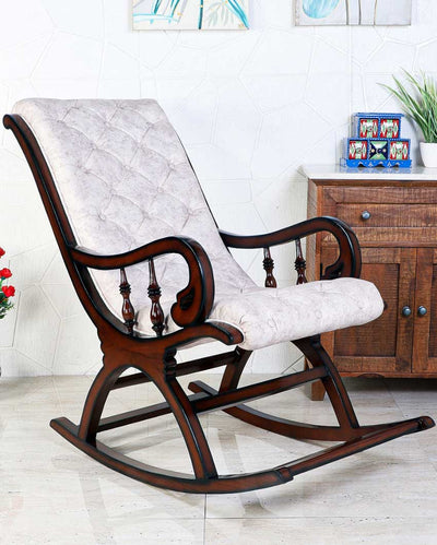 Beautiful Touffy Fabric Upholstered Teak Wood Rocking Chair | 22 x 37 x 38 inches