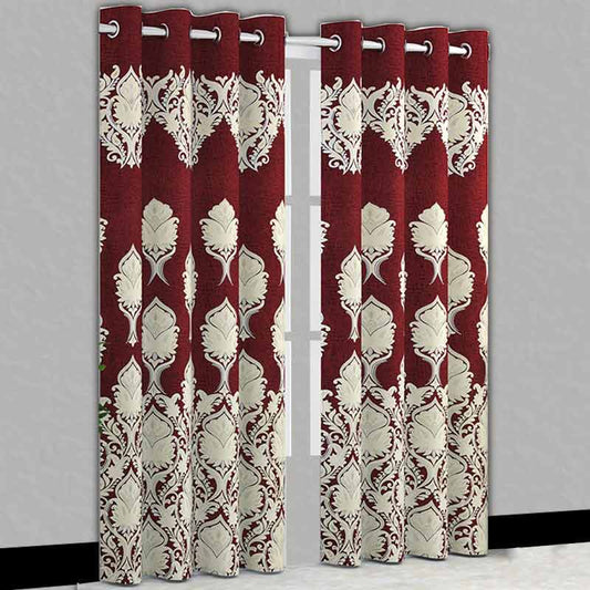 Maroon Jute Polyester Long Door Curtain | 9ft | Set of 2