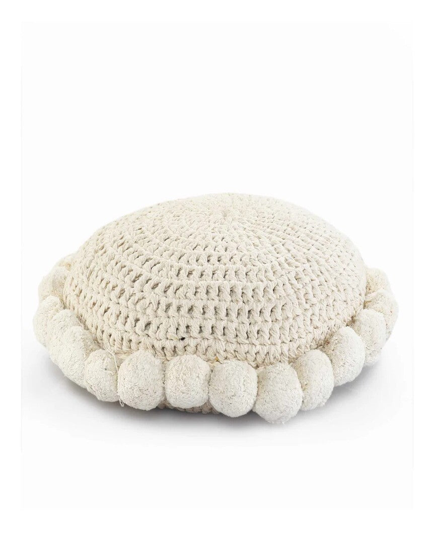 Stylish Crochet Pompom Round Cushion | 18 inches