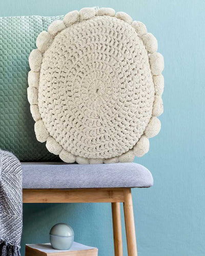 Stylish Crochet Pompom Round Cushion | 18 inches