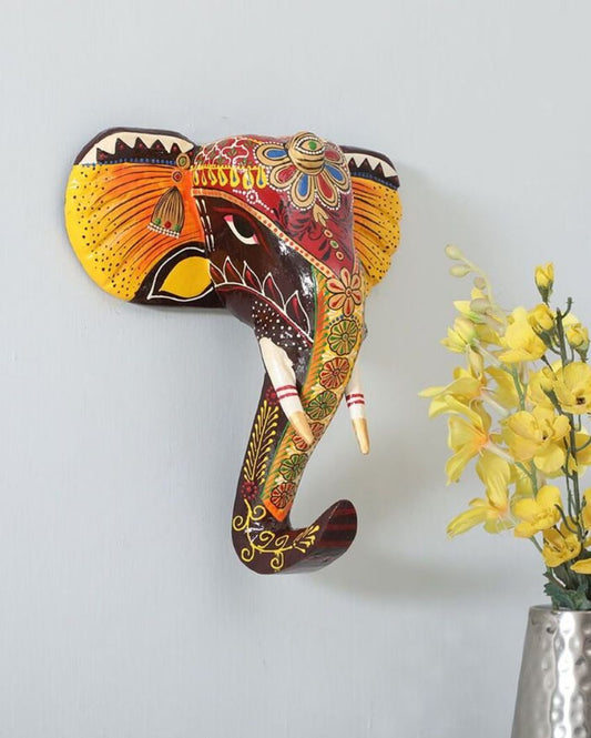 Colorful Elephant Face Hand Painted Wooden Decor