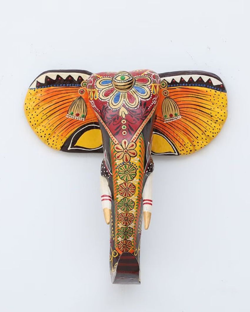 Colorful Elephant Face Hand Painted Wooden Decor