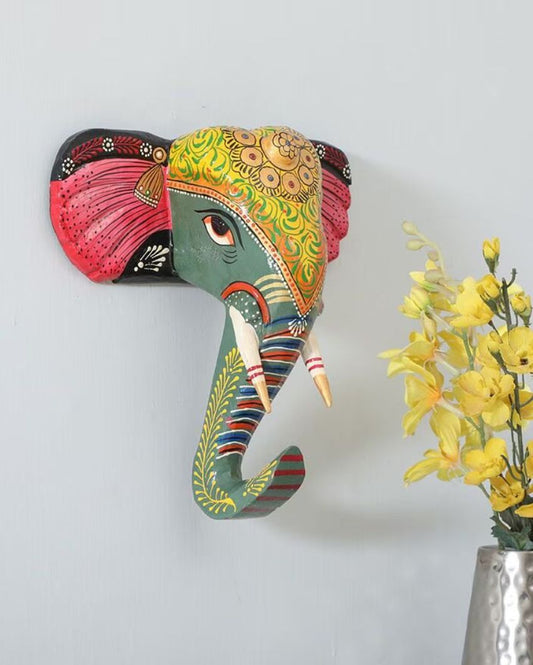 Attractive Elephant Face Hand Painted Wooden Decor