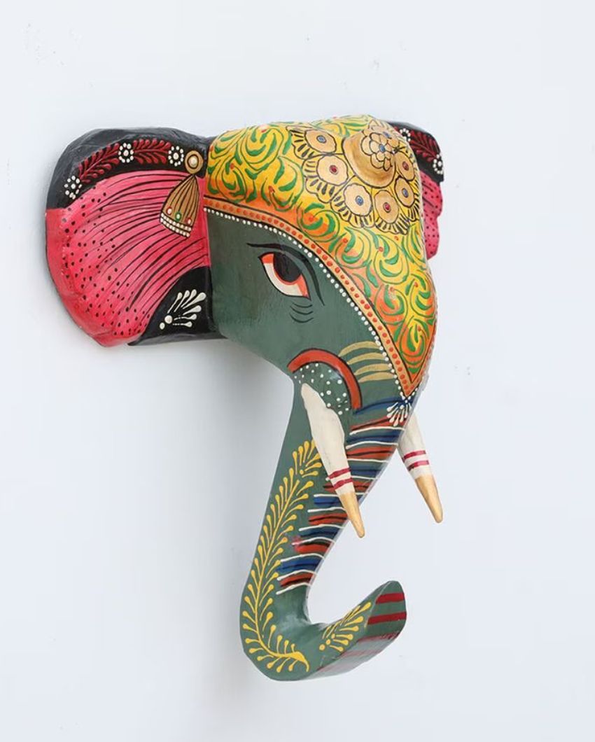 Attractive Elephant Face Hand Painted Wooden Decor