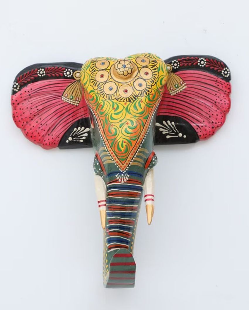 Attractive Elephant Face Hand Painted Wooden Decor