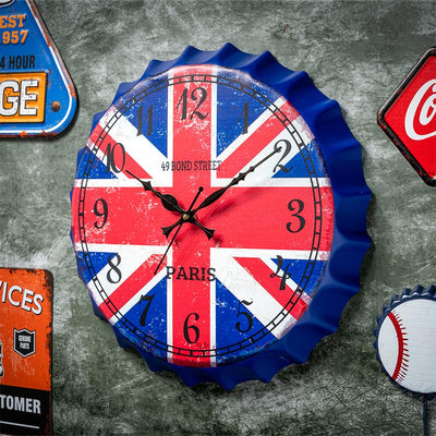British Flag Bottle Cap Themed Wall Clock | 14 inches