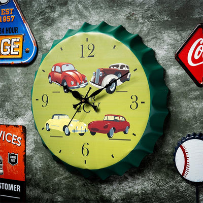 Classic Cars Bottle Cap Themed Wall Clock | 14 inches