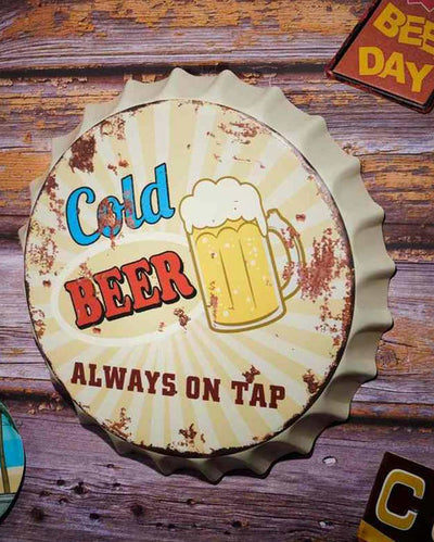 Cold Beer On Tap Bottle Cap Wall Decor | 35 x 5 cm / 14 x 2 inches