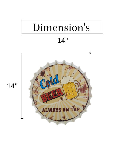 Cold Beer On Tap Bottle Cap Wall Decor | 35 x 5 cm / 14 x 2 inches