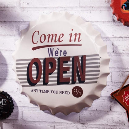 Come In We're Open Bottle Cap Wall Decor | 35 x 5 cm / 14 x 2 inches