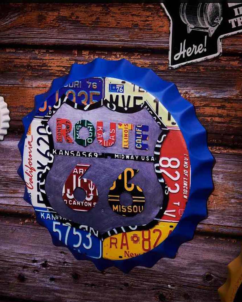 Route 66 Number Plate Design Bottle Cap Wall Decor | 14 inches