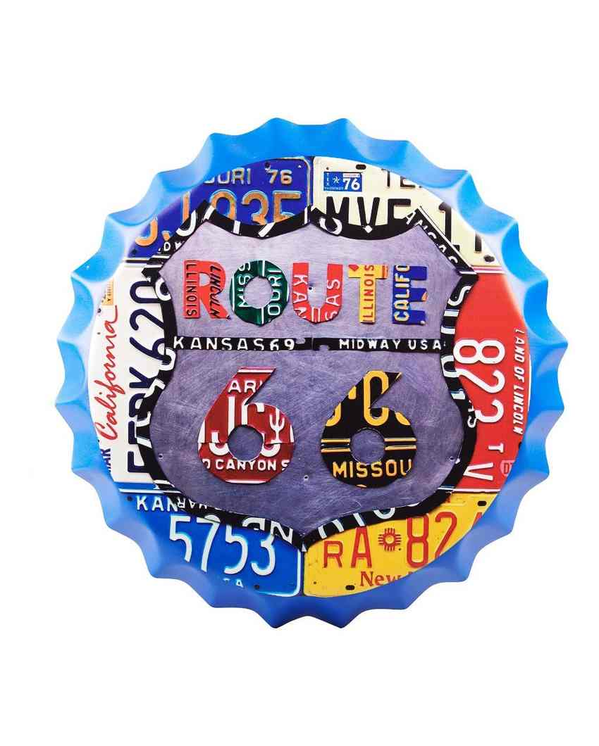 Route 66 Number Plate Design Bottle Cap Wall Decor | 14 inches